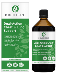 KIWIHERB Dual-Action Chest & Lung Support 24-hour support to soothe and calm chest agitation. Extra-strength bronchial support to clear mucus from chest and lungs for easy breathing. Wild Cherry and Hyssop combine to support clearing lung mucus to soothe and settle lungs