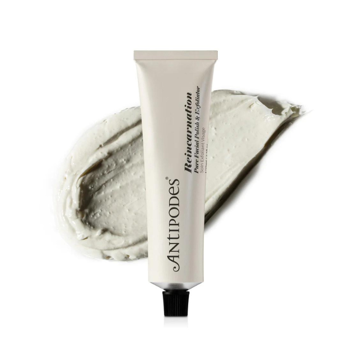 Antipodes Reincarnation Pure Facial Polish & Exfoliator 75ml 1st Stop, Marshall's Health Shop! Jojoba beads gently lift lifeless skin, while avocado oil and marigold bloom oil soothe and repair, and carrot seed extract helps to clear and revitalize your skin’s surface. The result: a fresh complexion that feels reborn.