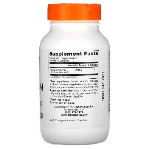 Doctor's Best PhosphatidylSerine (PS) contains SerinAid®, which provides a vital nutrient, PS, for the brain's nerve cells connections (synapses). PS helps facilitate the activity of neurotransmitters involved in learning, memory, and mood. PS supports overall cognitive function, focus and mental clarity. PS and other phospholipids are structural components of brain neurons that can help enhance cell-to-cell communication.