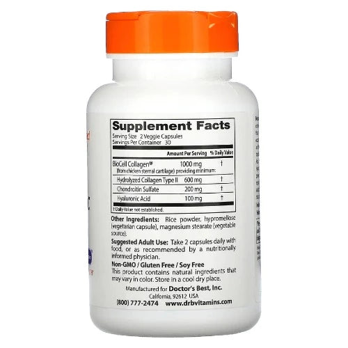 Doctor's Best Hyaluronic Acid + Chondroitin Sulfate contains patented BioCell Collagen®, a dietary ingredient that contains patented composition of naturally occurring hydrolyzed collagen type II, chondroitin sulfate, and hyaluronic acid in a highly absorbable matrix.