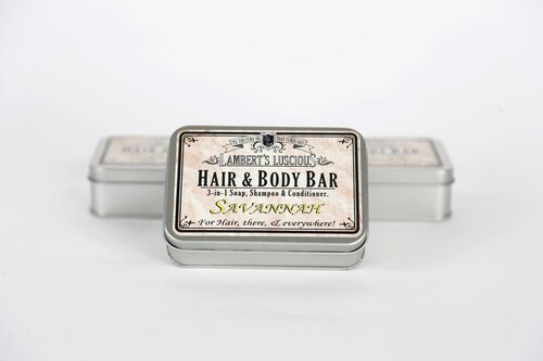 Our three in one soap, shampoo, conditioner for “Hair, There and Everywhere” with four oils to naturally care for your hair and skin.  Scented with sandalwood and orange, it’s the ultimate in washing luxury.  Contains: coconut oil, almond oil, argan oil, hemp oil, lye, and essential oils.  Our Savannah three in one, soap, shampoo and conditioner bar  is available in an aluminium gift tin