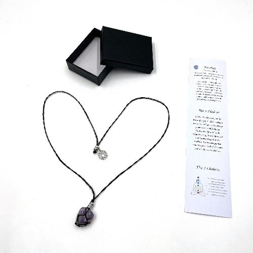 Braided Stone Necklace Amethyst Crown Chakra The Crown Chakra represents our connection to spiritually and pure bliss. It shows us our inner and outer beauty. Length 75cm approx. SKU: BPAM