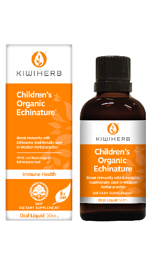 KIWIHERB Children's Organic Echinature® 50ml Kiwiherb Children’s Organic Echinature is specially formulated for children 0-12 years to support healthy immune function and recovery. This certified organic formulation features premium NZ-grown Echinacea root with a delicious, natural orange flavour. It is ideal for infants and children with poor immune resistance, and frequent ailments or slow recovery.