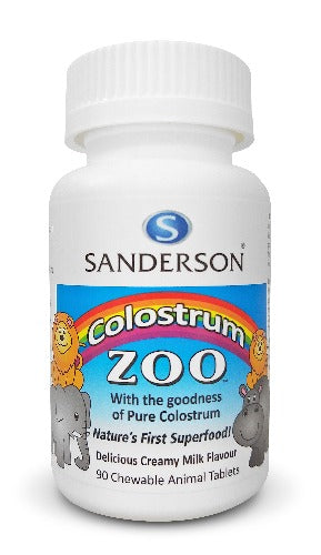 SANDERSON Colostrum Zoo 90 Chewable Tablets Delicious Sanderson Colostrum Zoo chewable tablets are bursting with the natural goodness of colostrum!  Colostrum is nature’s first superfood – the first milk produced by humans and mammals like dairy cows to nourish and protect their newborns. Colostrum is called nature’s first superfood because it is rich in essential nutrients like vitamins, minerals, enzymes and amino acids that support growth, immunity, and help maintain a healthy tummy.