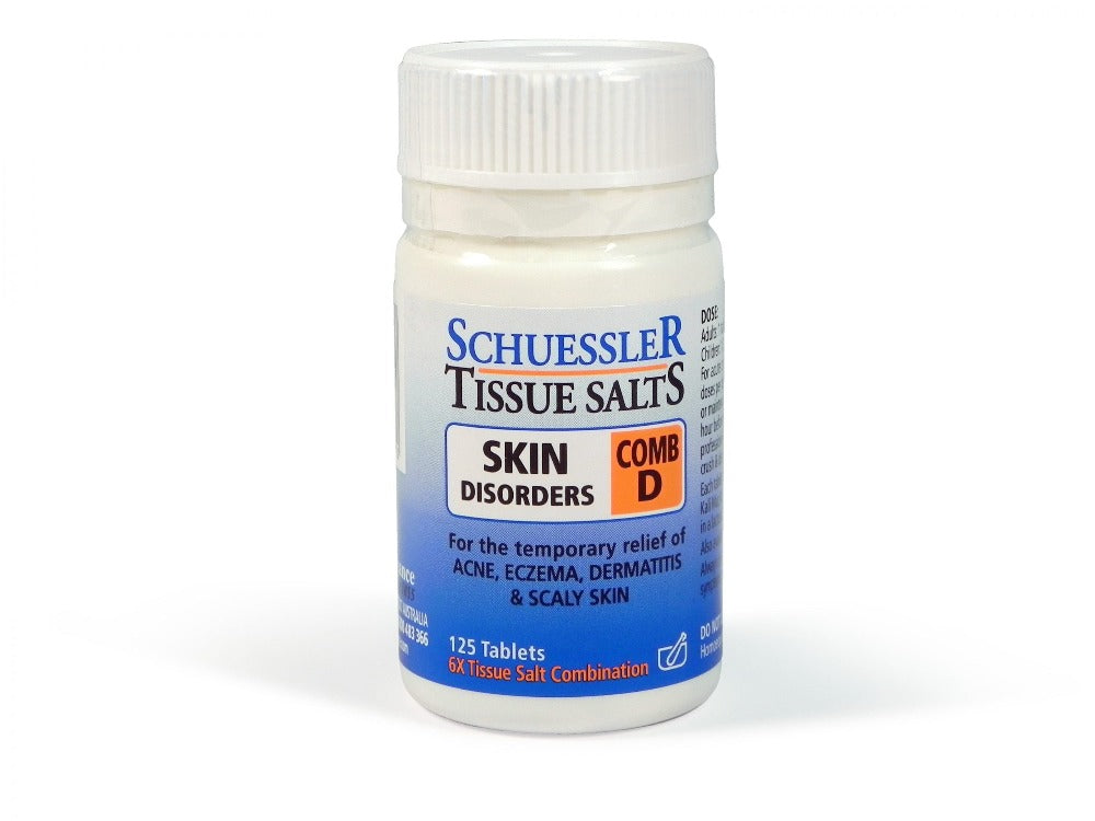 Dr Schuessler Tissue Salts Comb D 6X 125 Tablets Comb D | SKIN DISORDERS For minor skin ailments, scalp eruptions, eczema, acne, scaling of the skin and allied conditions. When you want a natural remedy for skin troubles, Combination D is an effective combination of the 4 minerals needed by the body for healthy skin and maintenance. It is best taken as a course of treatment.