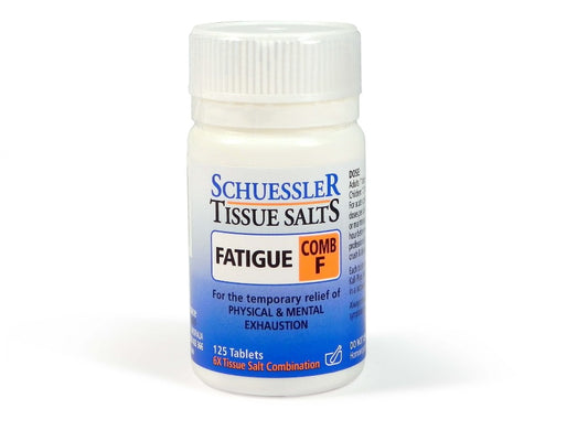 Dr Schuessler Tissue Salts Comb F 6X 125 Tablets Comb F | FATIGUE Fatigue from nervous headaches, migraine and allied conditions. Nervous headaches are usually brought on by physical response to stress and can be disabling. Migraine headaches are periodic throbbing headaches which usually start on one side. They are brought on by a variety of causes, often certain foods. The trigger differs from person to person.