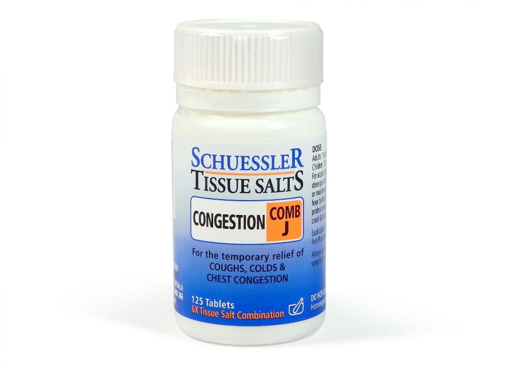 Dr Schuessler Tissue Salts Comb J 6X 125 Tablets Comb J – CONGESTION  Coughs, colds, catarrh and allied conditions.  The autumn and winter seasonal remedy. The common cold with its unpleasant symptoms of runny nose, sneezing and catarrh is often “caught” when the body’s resistance is lowered. Often these symptoms are followed by a cough and slight chest condition. 