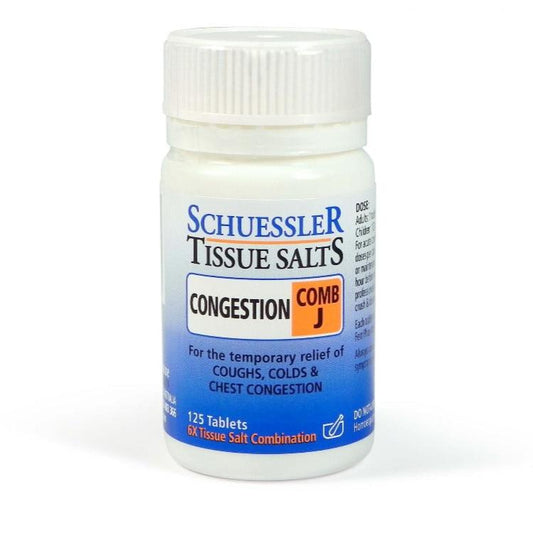 Dr Schuessler Tissue Salts Comb J 6X 125 Tablets Comb J – CONGESTION  Coughs, colds, catarrh and allied conditions.  The autumn and winter seasonal remedy. The common cold with its unpleasant symptoms of runny nose, sneezing and catarrh is often “caught” when the body’s resistance is lowered. Often these symptoms are followed by a cough and slight chest condition.