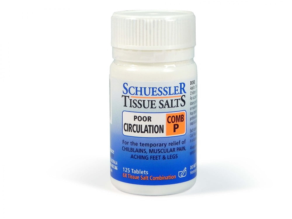 Dr Schuessler Tissue Salts Comb P 6X 125 Tablets Comb P: POOR CIRCULATION  Poor circulation causing aching feet and legs and allied conditions.  For people who spend much of the day standing, particularly standing still, aching feet and tired legs are a common phenomenon.