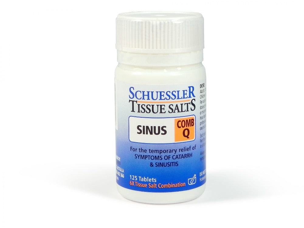 Dr Schuessler Tissue Salts Comb Q 6X 125 Tablets Comb Q: SINUS Catarrh, sinus disorders and allied conditions. Catarrh is the troublesome discharge formed as a result of inflammation of the mucous membranes at the back of the nose. Combination Q incorporates four tissue salts to help relieve these symptoms.