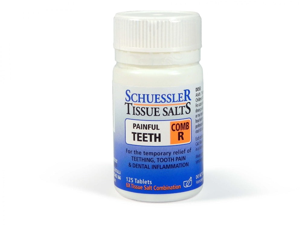 Dr Schuessler Tissue Salts Comb R 6X 125 Tablets Comb R – PAINFUL TEETH  Infants’ teething pains and allied conditions.  Many infants experience some difficulty with teething. As the erupting tooth forces its way through the tender gum it causes pain and stress to the baby. Combination R has been designed to help alleviate these infant teething pains. Also useful for toothache in teenagers and adults.