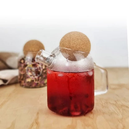 MagicT -  Cork Lid Teapot 450cc The glass cork lid teapot is transparent and clear and made of high borosilicate glass making it resistant to cold or hot drinks.  It has a capacity of 450 ml and its spring strainer in the nozzle makes it easier to use for both hot and cold tea.