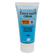 Dr Schuessler Tissue Salts 75gm cream – Mag Phos Natural Cream Muscle Relaxant Mag Phos is the anti-spasmodic tissue salt. It is a remedy traditionally used for the temporary relief of symptoms such as cramps, shooting or spasmodic pain, twitching, hiccups, convulsive fits of coughing and those sudden sharp twinges of pain.