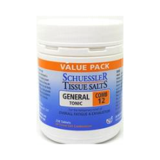 Dr Schuessler Tissue Salts Comb 12 6X 250 Tablets Comb 12 | GENERAL TONIC  A general tonic to be taken during times of hard work, nervous strain or mental fatigue.  HEALTH BENEFITS:  For the temporary relief of: Overall fatigue & exhaustion.