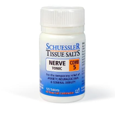 Dr Schuessler Tissue Salts Comb 5 6X 125 Tablets Comb 5 | NERVE TONIC  A safe reliable remedy for nerve troubles, neuralgic pain, want of energy and allied conditions associated with debility.  HEALTH BENEFITS:  For the temporary relief of: Anxiety, neuralgic pain & general debility.