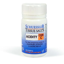 Dr Schuessler Tissue Salts Comb C 6X 125 Tablets Comb C | ACIDITY Sufferers from indigestion or dyspepsia will know all about the consequent uncomfortable symptoms. It can be acidity caused by over production of stomach acid, or heartburn caused by reflux of stomach acid. Combination C is designed to help with these symptoms either individually or combined.
