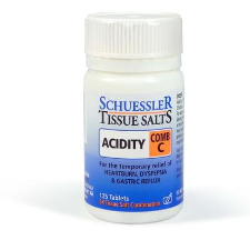 Dr Schuessler Tissue Salts Comb C 6X 125 Tablets Comb C | ACIDITY  Sufferers from indigestion or dyspepsia will know all about the consequent uncomfortable symptoms. It can be acidity caused by over production of stomach acid, or heartburn caused by reflux of stomach acid. Combination C is designed to help with these symptoms either individually or combined.