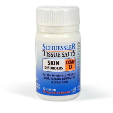 Dr Schuessler Tissue Salts Comb D 6X 125 Tablets Comb D | SKIN DISORDERS For minor skin ailments, scalp eruptions, eczema, acne, scaling of the skin and allied conditions. When you want a natural remedy for skin troubles, Combination D is an effective combination of the 4 minerals needed by the body for healthy skin and maintenance. It is best taken as a course of treatment.
