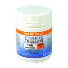 Dr Schuessler Tissue Salts Comb D 6X 250 Tablets Comb D | SKIN DISORDERS For minor skin ailments, scalp eruptions, eczema, acne, scaling of the skin and allied conditions. When you want a natural remedy for skin troubles, Combination D is an effective combination of the 4 minerals needed by the body for healthy skin and maintenance. It is best taken as a course of treatment.