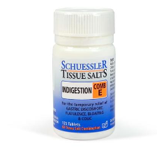 Dr Schuessler Tissue Salts Comb E 6X 125 Tablets Comb E | INDIGESTION  Flatulence, colic, indigestion and allied conditions.  Flatulence causes distension of the stomach or intestines which can produce colicky pains, though these are often the result of indigestion. Whether these or other symptoms of indigestion occur singly or together they can be eased by the particular combination of tissue salts present in Combination E.