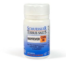 Dr Schuessler Tissue Salts Comb H 6X 125 Tablets Comb H – HAYFEVER Hayfever is an “allergic” condition of the mucous membranes of the nose, eyes and upper respiratory tract. It is common during spring when sensitivity to pollen is severe, but it is very treatable by Combination H, particularly if treatment is started from six weeks before the expected onset of normal symptoms.