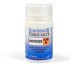 Dr Schuessler Tissue Salts Comb H 6X 125 Tablets Comb H – HAYFEVER  Hayfever is an “allergic” condition of the mucous membranes of the nose, eyes and upper respiratory tract. It is common during spring when sensitivity to pollen is severe, but it is very treatable by Combination H, particularly if treatment is started from six weeks before the expected onset of normal symptoms.