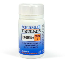 Dr Schuessler Tissue Salts Comb J 6X 125 Tablets Comb J – CONGESTION  Coughs, colds, catarrh and allied conditions.  The autumn and winter seasonal remedy. The common cold with its unpleasant symptoms of runny nose, sneezing and catarrh is often “caught” when the body’s resistance is lowered. Often these symptoms are followed by a cough and slight chest condition. 