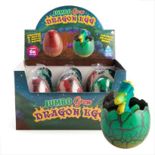 Jumbo Grow Dragon Egg Hatch your jumbo egg by submerging it in water 2 different brightly coloured dragons to collect Hatching will begin in 24 hours and the dragon will continue to grow over a couple of days Grows up to 6 times its size! 10.0(L) x 10.0(W) x 11.5(H) cm Clam Shell + CDU