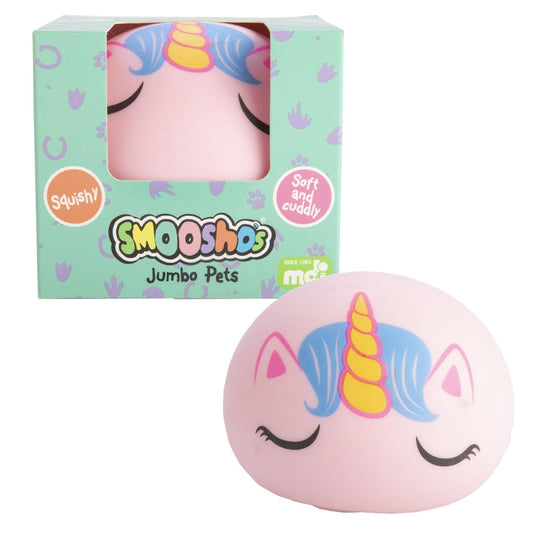 Smoosho's Jumbo Unicorn Ball Jumbo-sized Smoosho ball for extra squish! Features a magical unicorn design Smoosho’s amazing squeezable texture makes your worries melt away 10.0(L) x 10.0(W) x 10.0(H) cm SKU: ED-JSM/U