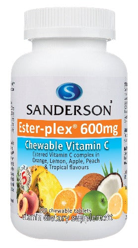 SANDERSON Ester-plex Vitamin C 5 Fruits 600mg 220 Chewable Tablets SANDERSON™ Ester-Plex® high strength chewable vitamin C contains natural metabolites to ensure optimum bio-availability to the body, so that the vitamin C is absorbed better than ordinary vitamin C. The vitamin C in Ester-Plex® is also buffered to reduce the chance of gastric upset.