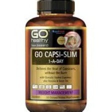 GO CAPSI-SLIM 1-A-DAY is a weight management formula containing the clinically researched ingredient Capsimax® plus Garcinia and Green Tea. Capsimax® employs OmniBead™ beadlet technology to encapsulate the beneficial heat of concentrated natural capsicum in a controlled-release coating, delivering effective levels of capsaicinoids without the oral and gastric burning sensation of unprotected red hot peppers.
