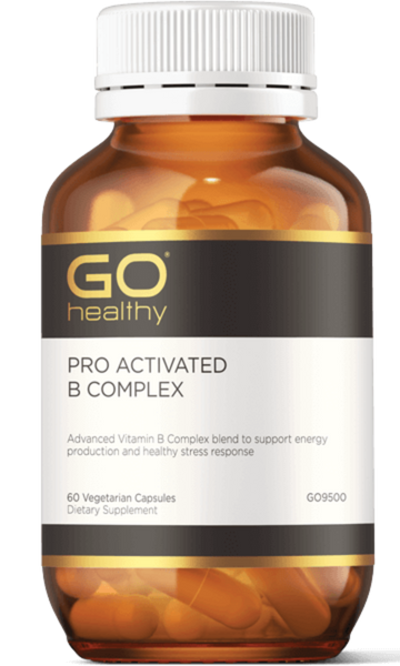 GO PRO Activated B Complex 60 VegeCaps PRO ACTIVATED B COMPLEX Advanced Vitamin B Complex blend to support energy production and healthy stress response. HEALTH BENEFITS: A comprehensive Vitamin B complex formula Includes activated Vitamins B6, B12, and Folic Acid for superior absorption B Vitamins support energy production and healthy stress response in the body Vitamin B6 supports healthy emotional balance.