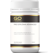 GO PRO EPA/DHA Advanced 120 SoftGels PRO EPA/DHA ADVANCED Highly concentrated, odourless Fish Oil. Supports healthy joints, heart and brain function  HEALTH BENEFITS:  Highly concentrated strength of the omega-3 fatty acids, EPA and DHA Provides three times the amount of omega-3 per capsule than standard strength Fish Oil 1,000mg Essential for heart health and healthy cardiovascular system function Supports healthy mood, brain function and eye health Supports joint health and comfort
