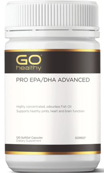 GO PRO EPA/DHA Advanced 120 SoftGels PRO EPA/DHA ADVANCED Highly concentrated, odourless Fish Oil. Supports healthy joints, heart and brain function HEALTH BENEFITS: Highly concentrated strength of the omega-3 fatty acids, EPA and DHA Provides three times the amount of omega-3 per capsule than standard strength Fish Oil 1,000mg Essential for heart health and healthy cardiovascular system function Supports healthy mood, brain function and eye health