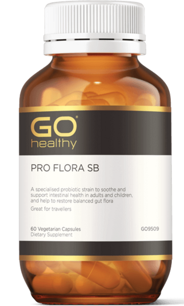 GO PRO Flora SB 60 VegeCaps PRO FLORA SB A specialised probiotic strain to soothe and support intestinal health in adults and children and help to restore a balanced gut flora. Great for travellers. HEALTH BENEFITS: Contains specialised probiotic strain Saccharomyces cerevisiae (Bouldarii), providing 10 billion CFU per capsule Helps to restore and balance friendly gut flora Supports intestinal health and healthy mucous lining of the digestive system