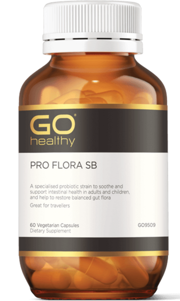 GO PRO Flora SB 60 VegeCaps PRO FLORA SB A specialised probiotic strain to soothe and support intestinal health in adults and children and help to restore a balanced gut flora. Great for travellers.  HEALTH BENEFITS:  Contains specialised probiotic strain Saccharomyces cerevisiae (Bouldarii), providing 10 billion CFU per capsule Helps to restore and balance friendly gut flora Supports intestinal health and healthy mucous lining of the digestive system 