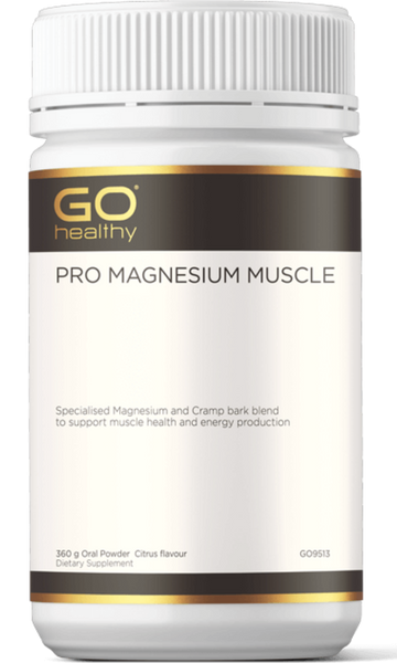 GO PRO Magnesium Muscle 360g Powder Citrus PRO MAGNESIUM MUSCLE Specialised Magnesium and Cramp bark blend to support muscle health and energy production. HEALTH BENEFITS: Specially formulated with a combination of Magnesium, Cramp bark and essential nutrients 280mg elemental Magnesium supplied in easy to take powder format Magnesium supports energy production, body electrolyte balance and healthy muscle contraction function Magnesium also supports healthy cardiovascular system function