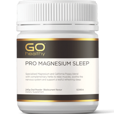 GO PRO Magnesium Sleep 240g Powder Blackcurrant PRO MAGNESIUM SLEEP Specialised Magnesium and California Poppy blend with complementary herbs to relax muscles, soothe the nervous system and support a restful refreshing sleep. HEALTH BENEFITS: Specially formulated with a combination of Magnesium, California Poppy, Passionflower, Chamomile and Tart Cherry A specialised blend to calm, relax, ease tension and support a restful refreshing sleep 350mg elemental Magnesium supplied in easy to take powder format