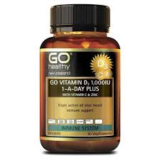 GO VITAMIN D3 1,000IU 1-A-DAY PLUS WITH VITAMIN C & ZINC is a high potency triple action immune formula to support all year round immunity. GO Vitamin D3 1,000IU 1-A-Day Plus with Vitamin C & Zinc provides a full maximum daily dose of both Vitamin D3 and Zinc as recommended in New Zealand. The combination of Vitamin D3, Vitamin C and Zinc provides a powerful blend of immune nutrients to support healthy immune system function, as well as supporting positive mood, overall health and wellbeing.