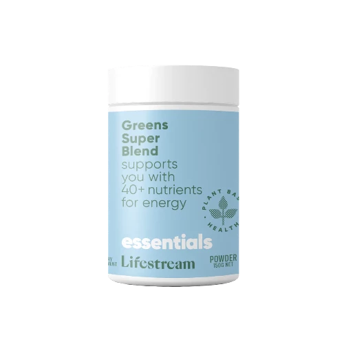 Lifestream Greens Super Blend 150g Powder Your potent greens and superfood boost for immunity and wholefood power. Struggling to get enough greens in your diet? Looking for something you can just add to a smoothie? Our Greens Super Blend (FKA Essential Greens) is an easy way to get an extra greens boost in every day, as well as those extra vitamins and minerals, pre and probiotics, fibre, and even protein!