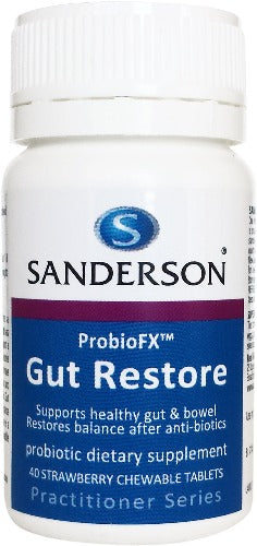 SANDERSON Gut Restore 40 Chewable Tablets Probiotics are ‘good’ bacteria, living organisms, that scientific trials indicate confer a health benefit on the body by improving intestinal microbial balance and so inhibiting pathogens or toxin producing bacteria. Probiotics are found in some foods like yoghurt or fermented milk, and in dietary supplements generally as tablets, powders or capsules.