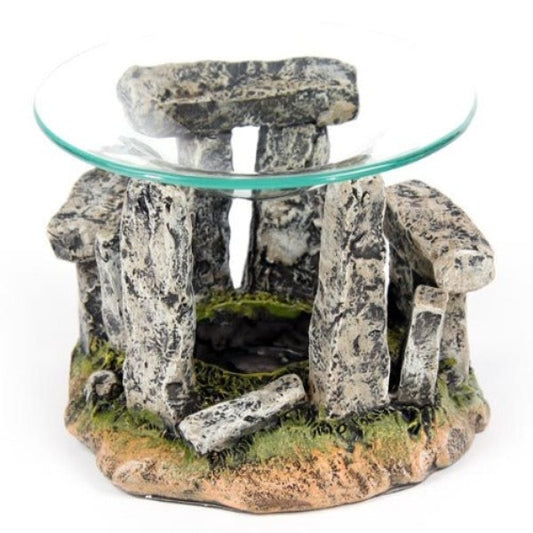 Stone Circle Oil Burner with Glass Dish Material: Resin and Glass Suitable for Use With: Water and oils. Candle Included: No Oils Included: No Removable Dish: Yes Safety Information: Always read and follow the instructions that come with this product. Use a good quality standard tea light and do not overfill the dish. Dimensions - Height 9cm Width 12.5cm Dish Diameter 12cm  SKU: HMP01