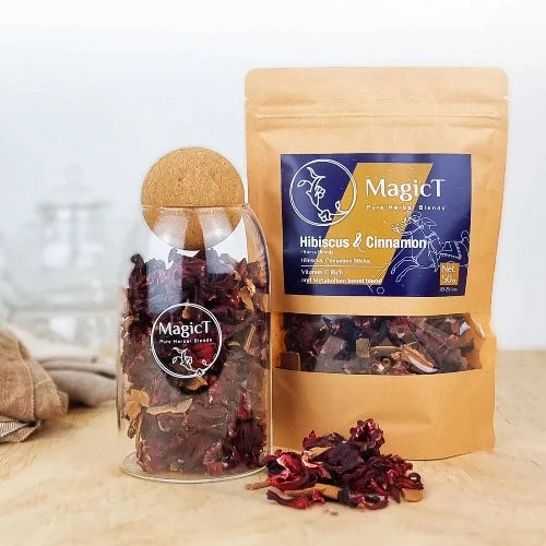 MagicT - Fitness - Hibiscus and Cinnamon Blend 50g Pouch Hibiscus has been a symbol of delicate beauty from Goddess Kali in India to the love story of Adonis and Aphrodite in Greece. In Victorian times, to be given a hibiscus showed that the giver had acknowledged the receiver’s delicate beauty.