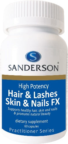SANDERSON Hair & Lashes, Skin & Nails FX 60 Softgels NATURAL BEAUTY FROM WITHIN  “BEAUTY is more than just skin deep”, or so the saying goes and for good reason. Optimal nutrition is at the heart of a healthy complexion, lustrous hair and strong, good looking nails. Skin, hair and nails contain structural proteins called Keratins and all have similar nutritional requirements. 