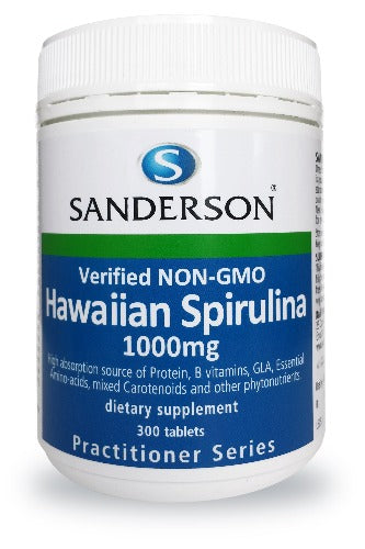 SANDERSON Non-GMO Hawaiian Spirulina 1000mg is grown in a Bio Secure area on Kona, Hawaii and verified non-GMO. It is a rich, natural whole-food multi-supplement. Spirulina is a blue-green coloured vegetable alga grown in both fresh and salt water.