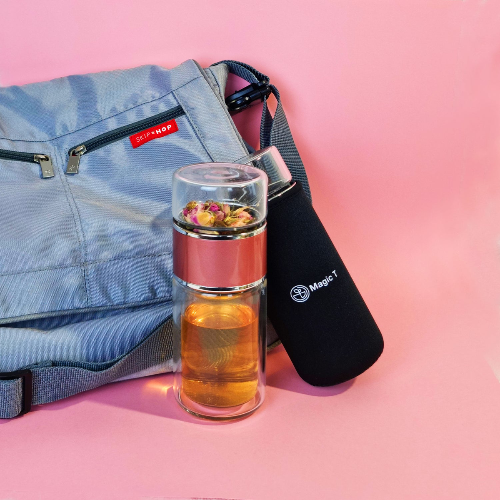 MagicT - Infuser Flask - Silver Rose 250ml 1st Stop, Marshall's Health Shop! Magic T Infuser flask is the perfect tea vessel for busy days, office, camping or even a cup of tea in bed. This means anytime-anywhere. The Silver-Rose Magic Flask comes with a handy polyester sleeve cover. When you felt the tea is ready just turn it again and drink from the big bottle.