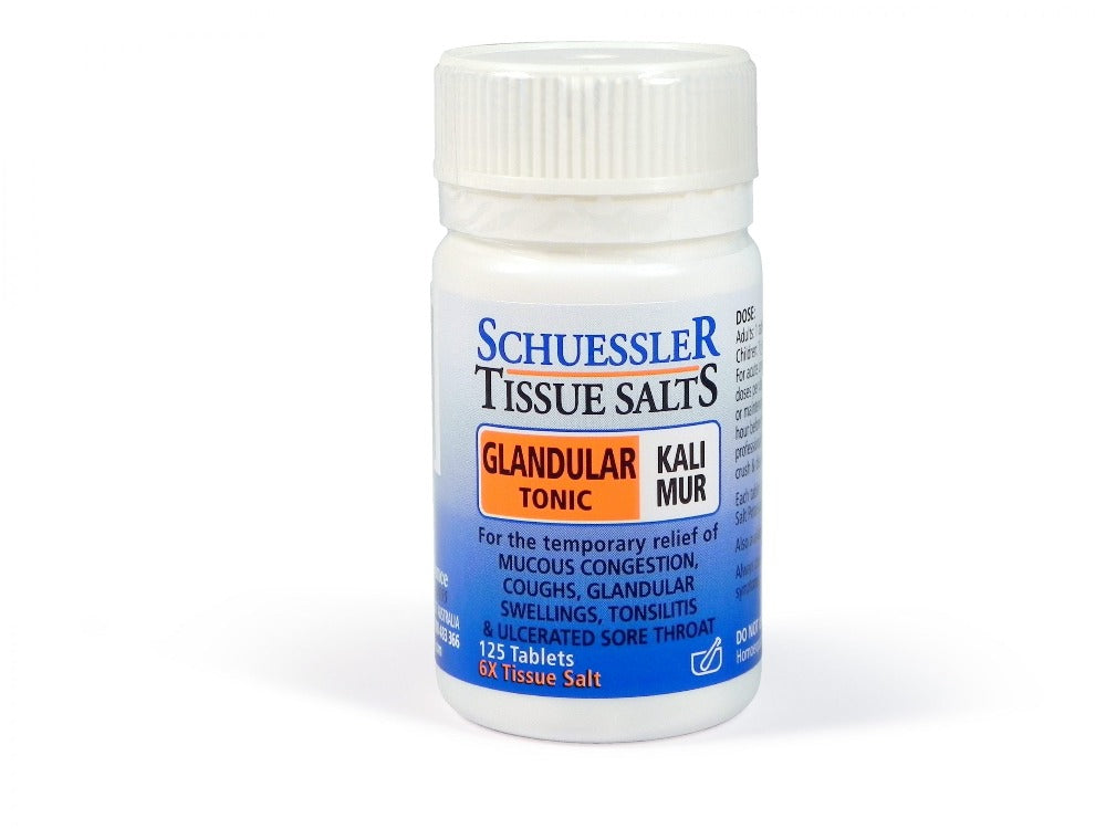 Dr Schuessler Tissue Salts Kali Mur 6X 125 Tablets Potassium Chloride: GLANDULAR TONIC  Every body tissue except bone.  Kali Mur is the remedy for sluggish conditions and regulates the balance of fluids in the body and sees the proper functioning of nerves and muscles.  125 Tablets | Spray