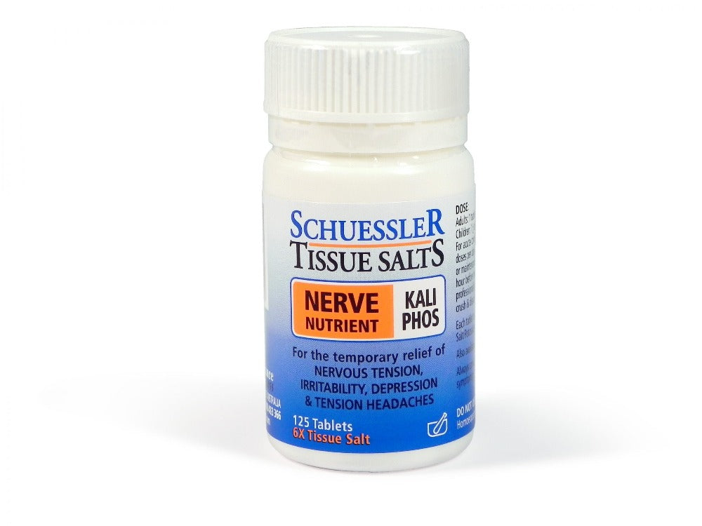 Dr Schuessler Tissue Salts Kali Phos 6X 125 Tablets Kali Phos – NERVE NUTRIENT  Kali Phos is found in the tissues and fluids of the body notably of the brain and nerve cells and is the principal tissue salt for the nervous system. Kali Phos is vital for regeneration of nerve tissue and forms “Grey matter”.