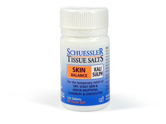 Dr Schuessler Tissue Salts Kali Sulph 6X 125 Tablets Kali Sulph – SKIN BALANCE Potassium Sulphate: SKIN BALANCE Cells lining the skin. Kali Sulph is found in the cells lining the skin. It supports the formation of skin cells, hair, and nails which is very important for recovery from skin ailments/imbalances.