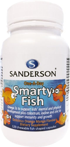 SANDERSON Smarty Fish Omega 3 plus Colostrum, Iodine & Zinc 120 Capsules Numerous international studies have found Children’s diets frequently do not include the recommended servings of fish to provide adequate levels of Omega 3 essential fatty acids for good physical and mental health.